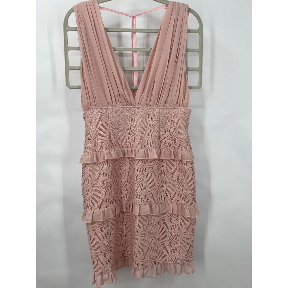 Soieblu Womens L Lace Tiered‎ Mini Dress Pink Pleated V-Neck Cocktail Party Prom